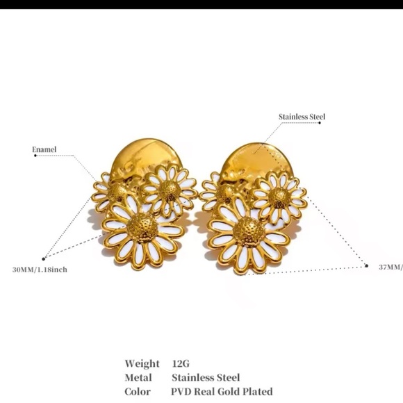 Gold Daisy Statement Earrings – Enamel Floral Drops | PVD Real Gold Plated - Picture 7 of 11